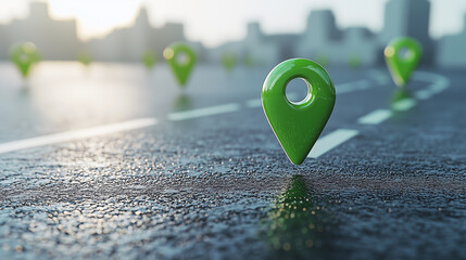 Abstract 3D Green Location Markers on a Wet City Road