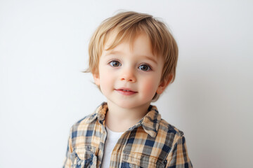 Fototapeta premium A cheerful young boy with blond hair wearing a plaid shirt smiles brightly against a plain white background. Generative AI