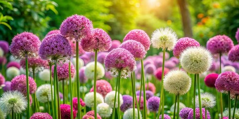 Obraz premium Watercolor Illustration of Allium Flowers in Pink and White - Candid Garden Scene