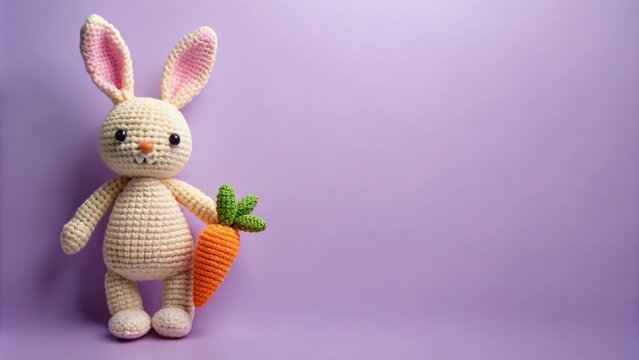 Crochet bunny doll with carrot in pastel colors on light purple background, wide-angle shot