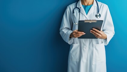 Happy Female Doctor In White Gown At Hospital Holding Medical Documents, Showcasing A Concept Of Health Care And Medicine. Blue Background.