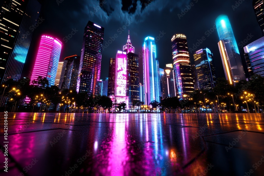 Aufkleber futuristic cityscape filled with holograms of people from different cultures, representing global un