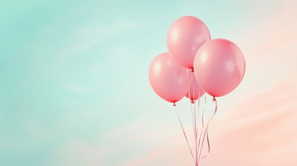Fototapeta premium Floating pink balloons with small ribbons set against a pastel sky, abstract and simple design conveying breast cancer awareness, hope, and celebration. Breast Cancer Awareness Month