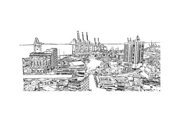 Building view with landmark of Buenaventura Colombia. Hand drawn sketch illustration in vector.