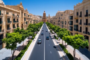 Naklejka premium Futuristic vision of Floriana, with high-tech greenery and modern architecture seamlessly blending with historical landmarks