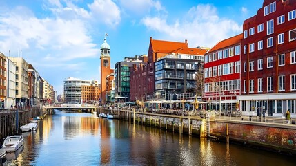 Naklejka premium Colorful Buildings by Serene Canal View
