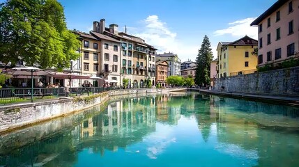 Naklejka premium Colorful Buildings by Serene Canal with Scenic View