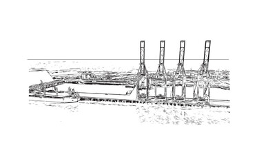 Building view with landmark of Buenaventura Colombia. Hand drawn sketch illustration in vector.