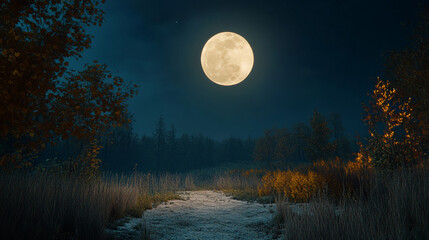 A bright full moon illuminates a tranquil path through a peaceful nighttime forest