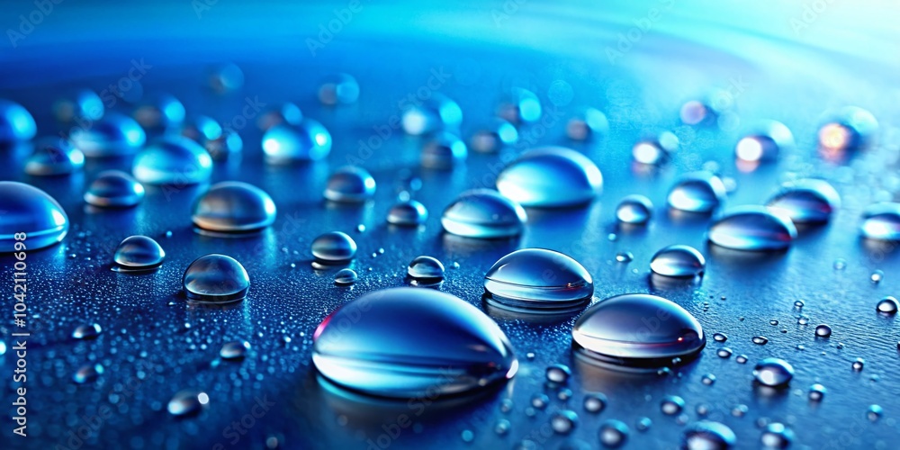 Poster water drops on smooth surface with copy space - blue background for relaxing and refreshing themes