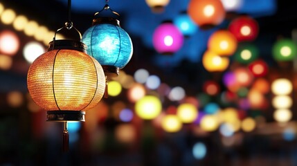 Colorful decorative lanterns glowing at night creating a festive atmosphere with blurred background.