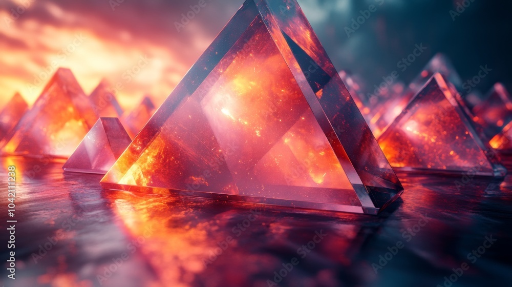 Aufkleber Pyramids made of shimmering crystals rise from a reflective surface, illuminated by warm hues from a stunning sunset, creating a surreal atmosphere.