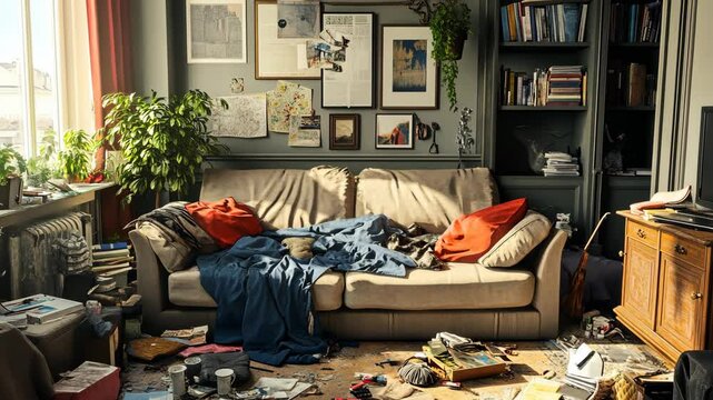 A messy living room with a couch, a bookshelf, and a window, with sunlight shining in