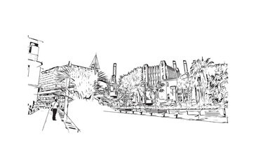 Fototapeta premium Building view with landmark of Buenaventura Colombia. Hand drawn sketch illustration in vector.