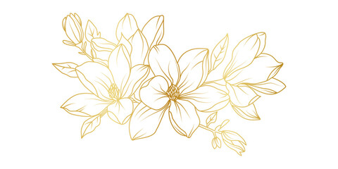 Golden magnolia flowers line art isolated on white background. Luxury magnolia floral design elements for invitation, wedding, wallpaper, print template, vector illustration © abcvector