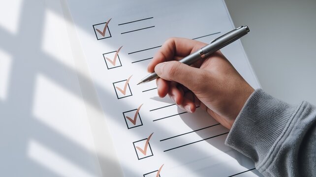 Hand checking off items on a checklist with a pen, illuminated by natural light.