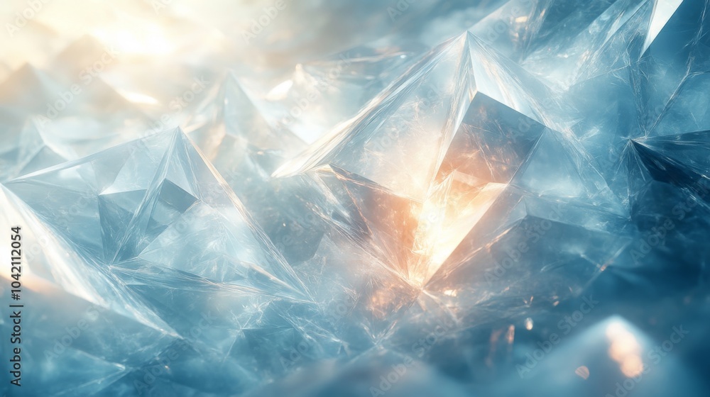 Poster Shimmering crystal-like structures create an ethereal glow as warm light filters through the icy landscape in the early morning, highlighting intricate details.