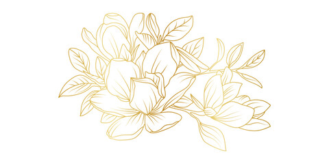 Golden magnolia flowers line art isolated on white background. Luxury magnolia floral design elements for invitation, wedding, wallpaper, print template, vector illustration © abcvector