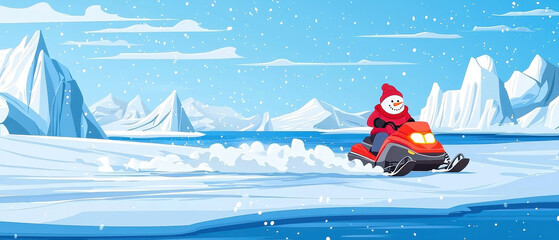 A cheerful character rides a snowmobile across snowy landscapes with icy peaks under a bright blue sky.