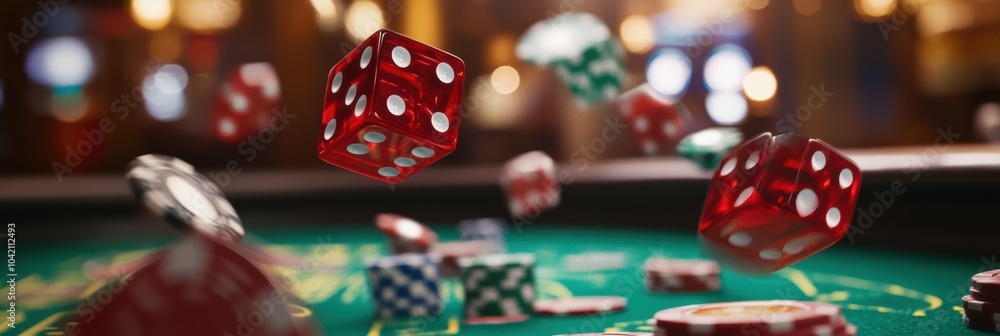 Poster amid a lively atmosphere, bright red dice fly across a craps table, landing amidst colorful chips sc