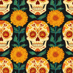 Sugar skull and marigold flower pattern for Day of the Dead. Tattoo skulls on black background, yellow marigold flowers.
