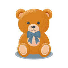 Fototapeta premium The image shows a cute brown teddy bear with a blue bow on its neck, with a shadow below, on a white background.