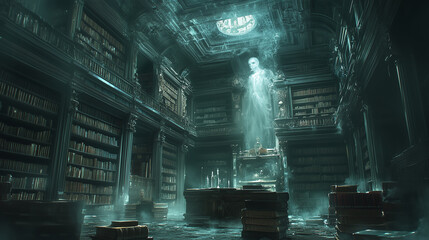 Fototapeta premium Mysterious ghostly figure overlooking an ancient library filled with dusty books and floating candles during a dimly lit atmosphere