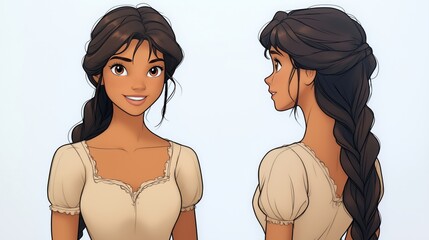 Character design sheet showing front and side view of a young woman with long braided dark hair in vintage dress