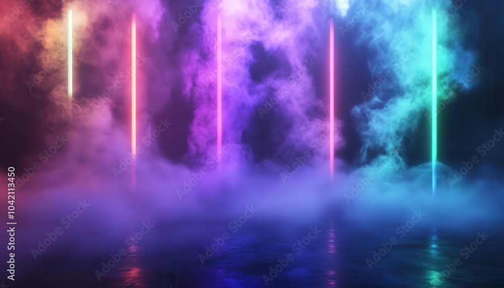 Poster a vibrant display of colorful neon lights cutting through fog, creating an atmospheric and dynamic v