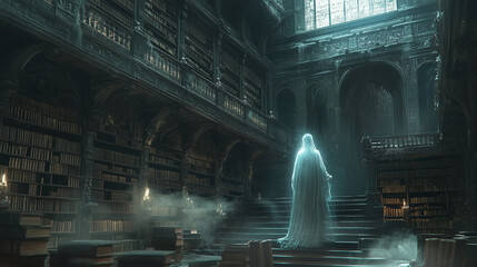 Obraz premium A spectral figure glides through an ancient library filled with dusty shelves and books during the twilight hours