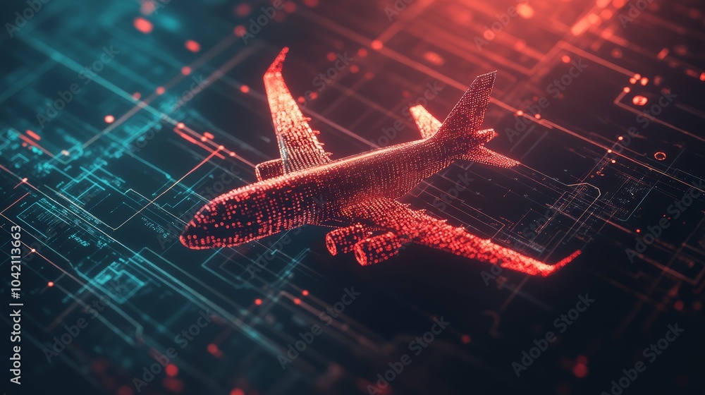Poster red airplane flies over a digital circuit board, blending travel with technology. the image symboliz