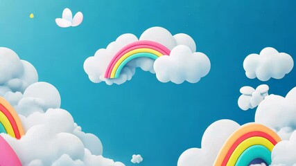 Whimsical cartoon sky with colorful rainbows and fluffy clouds