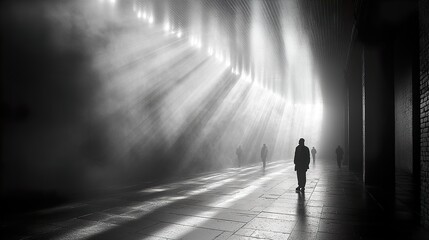 Silhouettes in a Foggy Tunnel with Light Beams