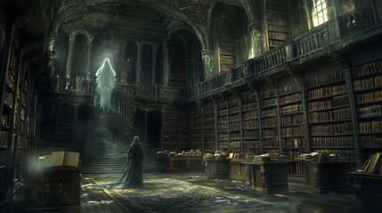 A mysterious figure in a dimly lit, ancient library surrounded by towering shelves filled with dusty books at twilight