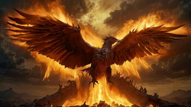 fantasy powerful phoenix in a fiery rebirth among smoldering ruins. AI-generated.