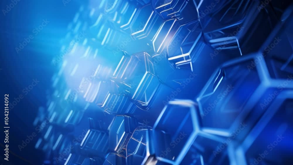 Poster a dynamic and visually striking blue hexagonal pattern featuring glowing elements ideal for tech and