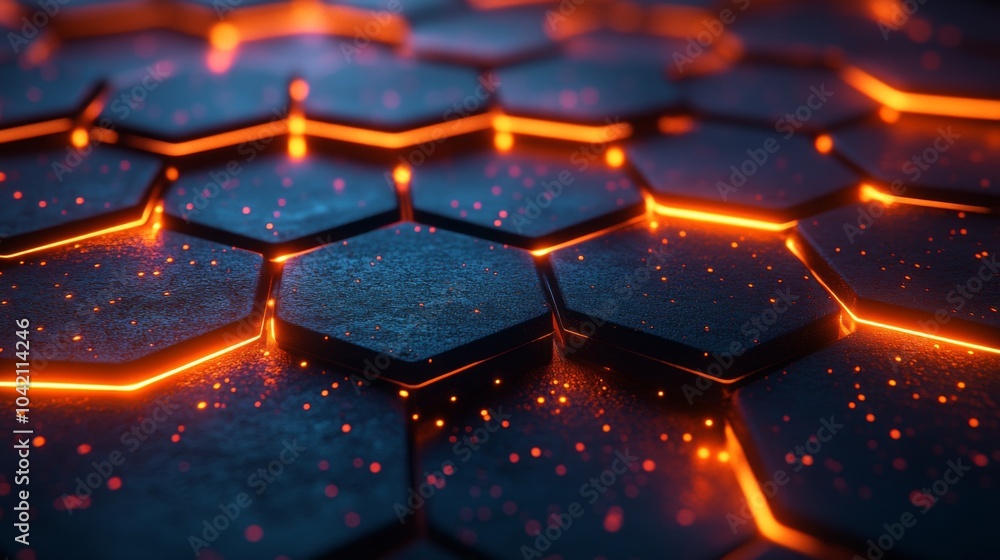 Poster The view showcases a grid of hexagonal shapes on a dark background, highlighted by glowing orange lines and scattered particles, creating a striking abstract visual effect.