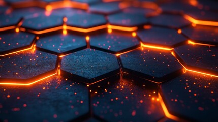 Obraz premium The view showcases a grid of hexagonal shapes on a dark background, highlighted by glowing orange lines and scattered particles, creating a striking abstract visual effect.