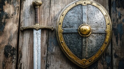 Obraz premium A silver and gold sword resting against a medieval shield, both finely detailed.