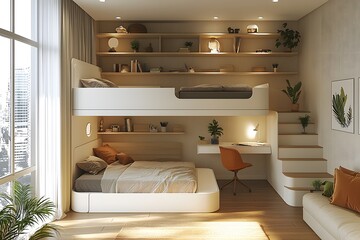 Modern cozy loft bedroom with bunk beds and workspace