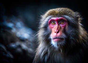 Obraz premium Wild Japanese Macaque on Dark Background - Stunning Architectural Photography for Framing