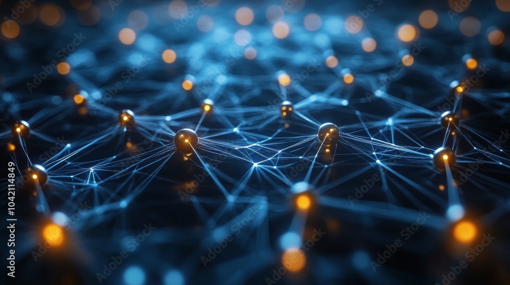 Poster A dynamic display of interconnected nodes and lines illuminated in blue and orange hues, representing the complex nature of digital networks and technology.