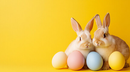 Two adorable rabbits sitting beside colorful Easter eggs on a bright yellow background
