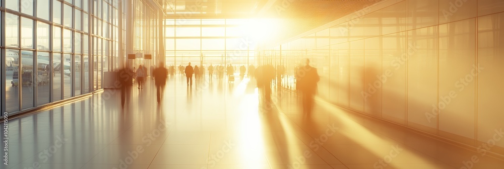 Aufkleber passengers stroll through a modern airport terminal at sunset, with a bustling crowd adding to the l
