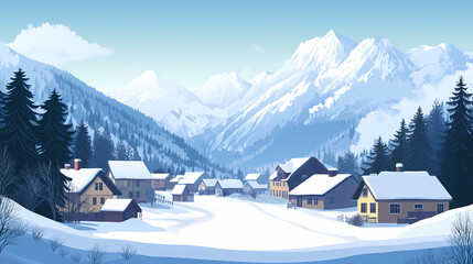 A photostock images of a quiet mountain village surrounded by snow-capped peaks. Snow-capped Peaks. Illustration