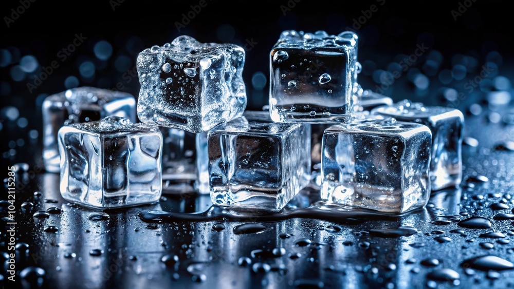 Poster crystal clear ice cubes and water droplets with side lighting on black background with shallow depth