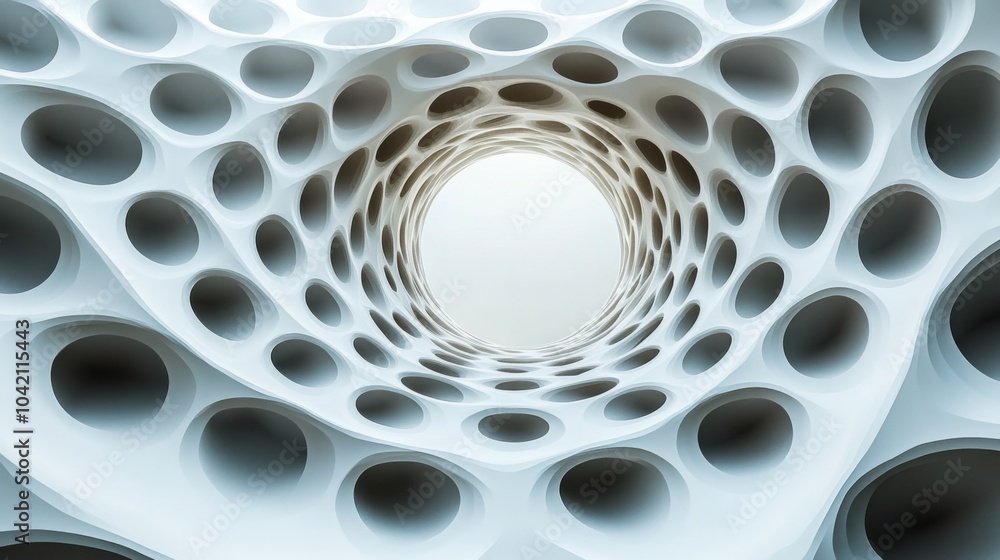 Aufkleber The design features a captivating tunnel characterized by soft curves and numerous circular openings, creating a sense of depth and abstraction. The light tone enhances the unique structure.
