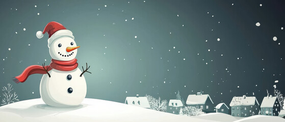 Naklejka premium A cheerful snowman stands in a snowy landscape, wearing a red scarf and hat, with a backdrop of small houses and falling snowflakes.