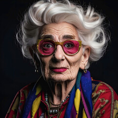 an elderly woman with pink glasses