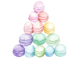 Obraz premium A watercolor macaron tower featuring a rainbow of pastel colorsâ€”lavender, mint, rose, and lemonâ€”set on a plain white background.